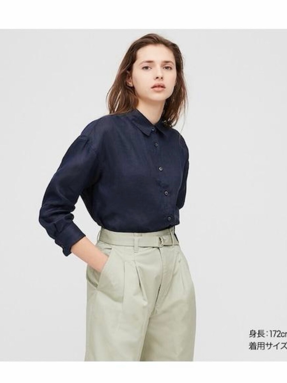 UNIQLO Premium Linen Long Sleeve Shirt Navy Blue